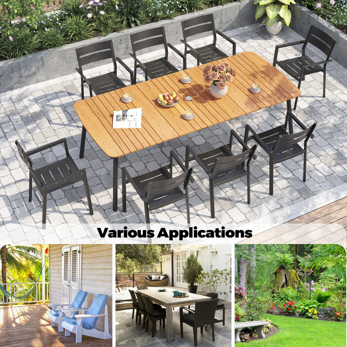 Pellebant 93 Outdoor Dining Table for 8 - 10 People, Patio Rectangle Table with Wood - Like Tabletop and Umbrella Hole, Aluminum Frame for Garden, Lawn, or Backyard, Brown