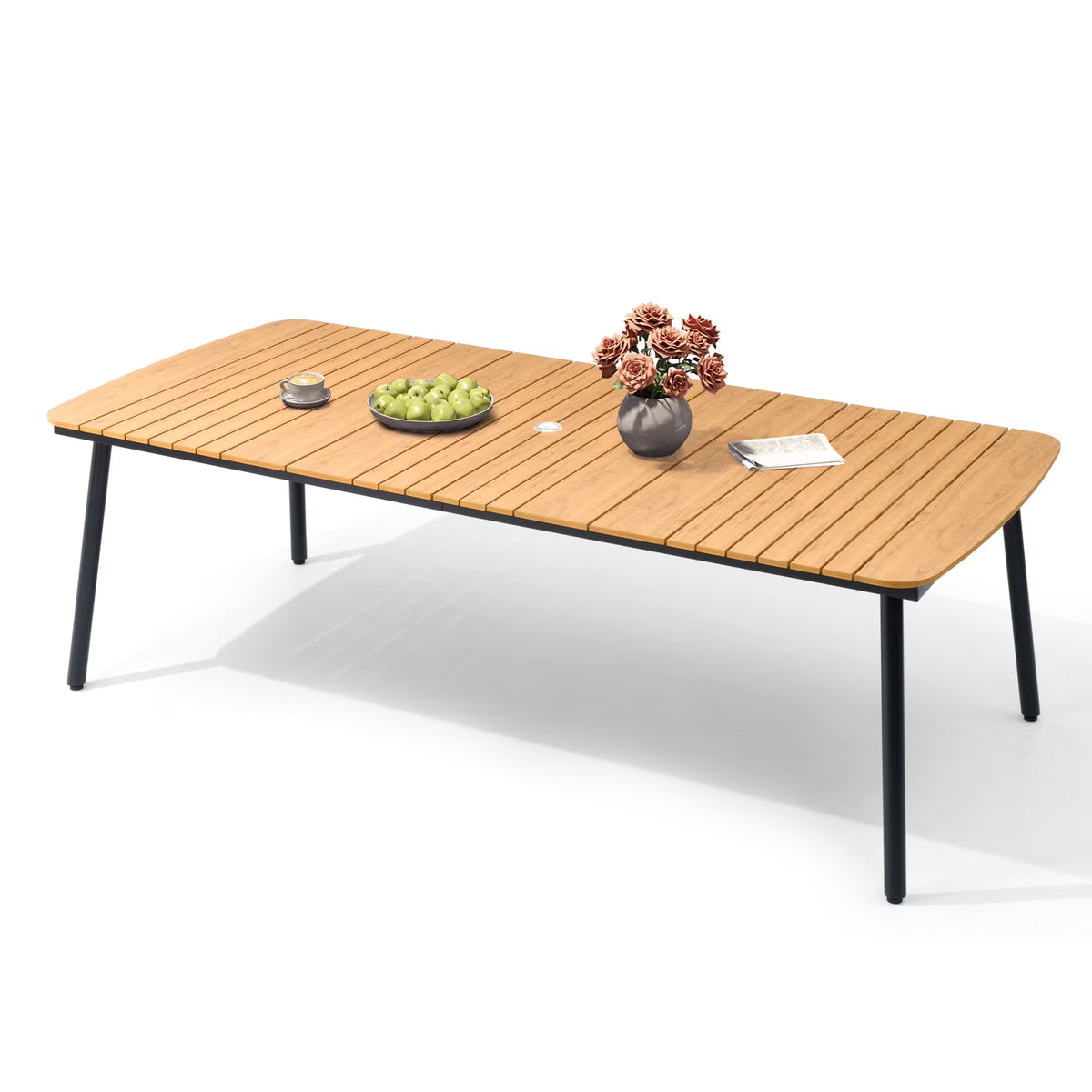 Pellebant 93 Outdoor Dining Table for 8 - 10 People, Patio Rectangle Table with Wood - Like Tabletop and Umbrella Hole, Aluminum Frame for Garden, Lawn, or Backyard, Brown