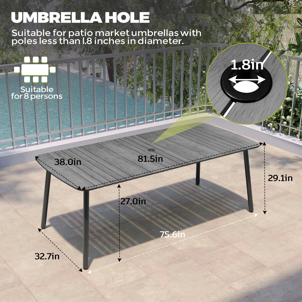 Pellebant 93 Outdoor Dining Table for 8 - 10 People, Patio Rectangle Table with Wood - Like Tabletop and Umbrella Hole, Aluminum Frame for Garden, Lawn, or Backyard, Brown