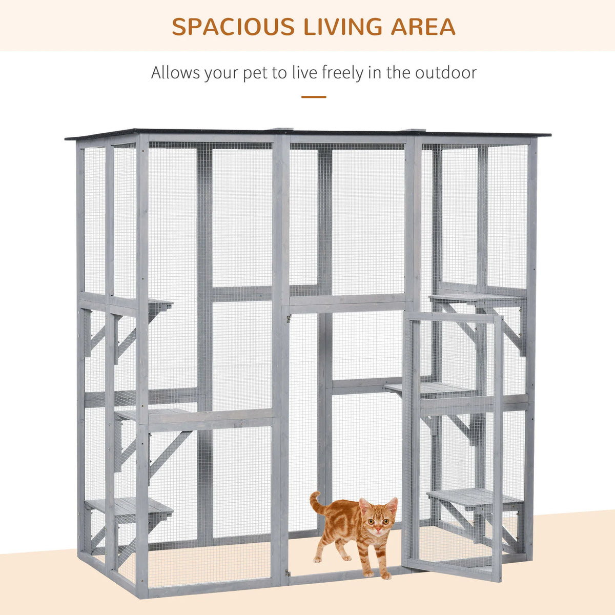 Pawhut Wooden Catio Enclosure with Weather Protection, 6 Platforms, Outdoor, Large, 71 x 38.5 x 71