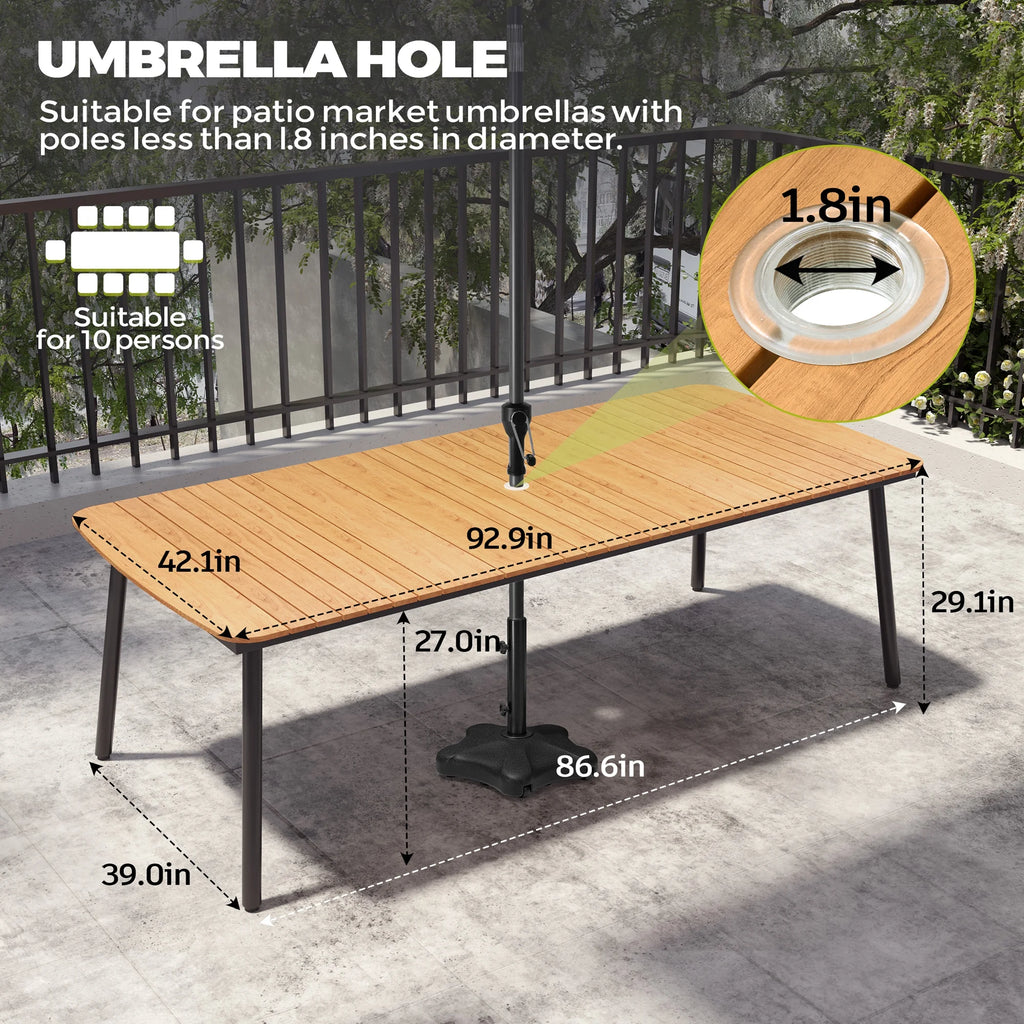 Pellebant 93 Outdoor Dining Table for 8 - 10 People, Patio Rectangle Table with Wood - Like Tabletop and Umbrella Hole, Aluminum Frame for Garden, Lawn, or Backyard, Brown