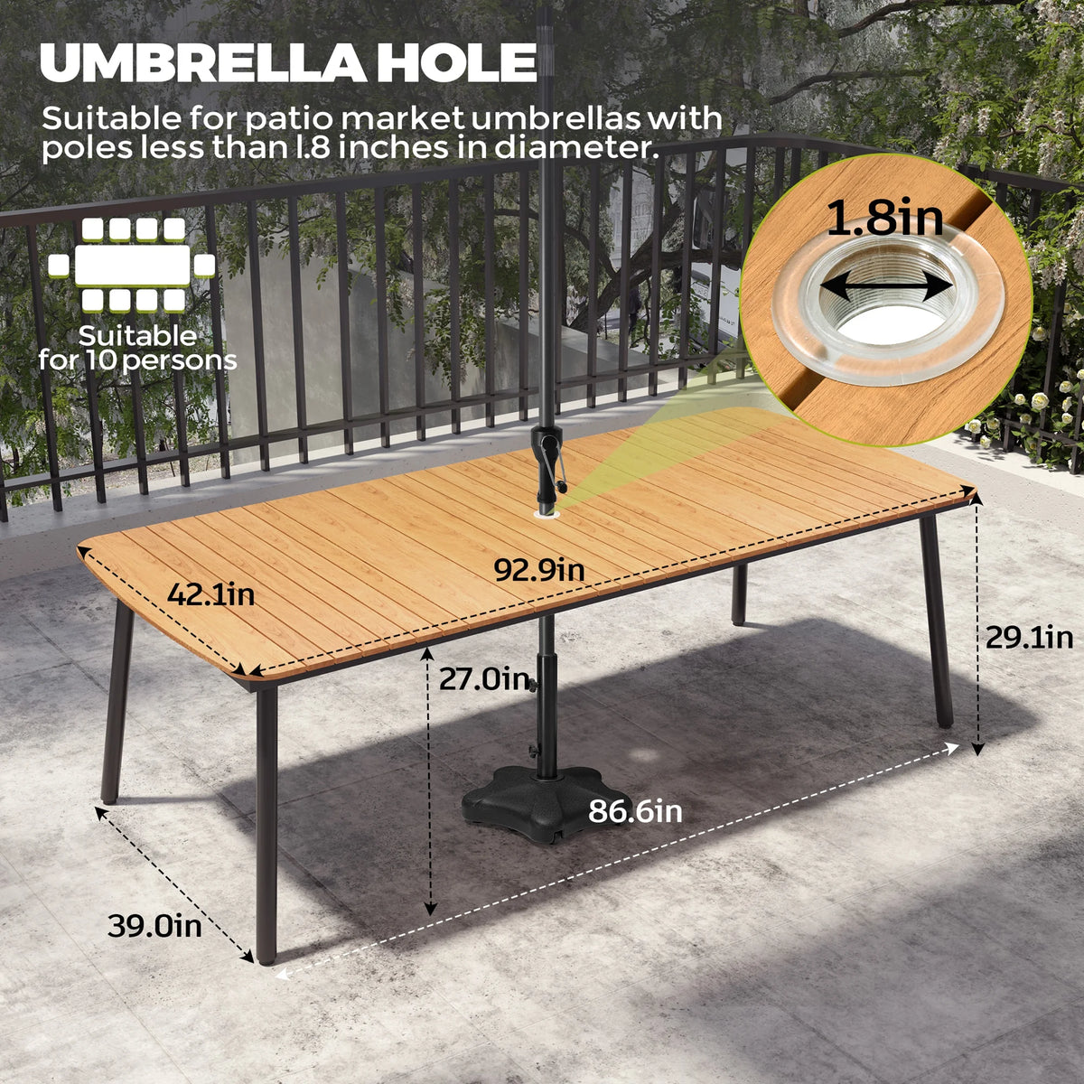 Pellebant 93 Outdoor Dining Table for 8 - 10 People, Patio Rectangle Table with Wood - Like Tabletop and Umbrella Hole, Aluminum Frame for Garden, Lawn, or Backyard, Brown
