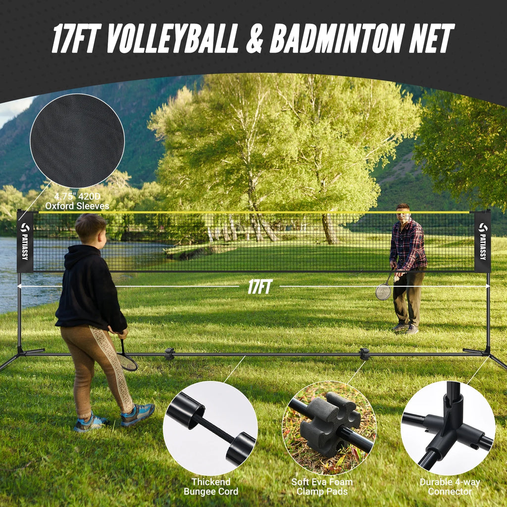 Patiassy 5.1ft - 7.4ft Adjustable Height Volleyball Badminton Pickleball Net Set with Poles, 4 Rackets, 3 Shuttlecocks, 4 Pickleball Paddles, and Volleyball