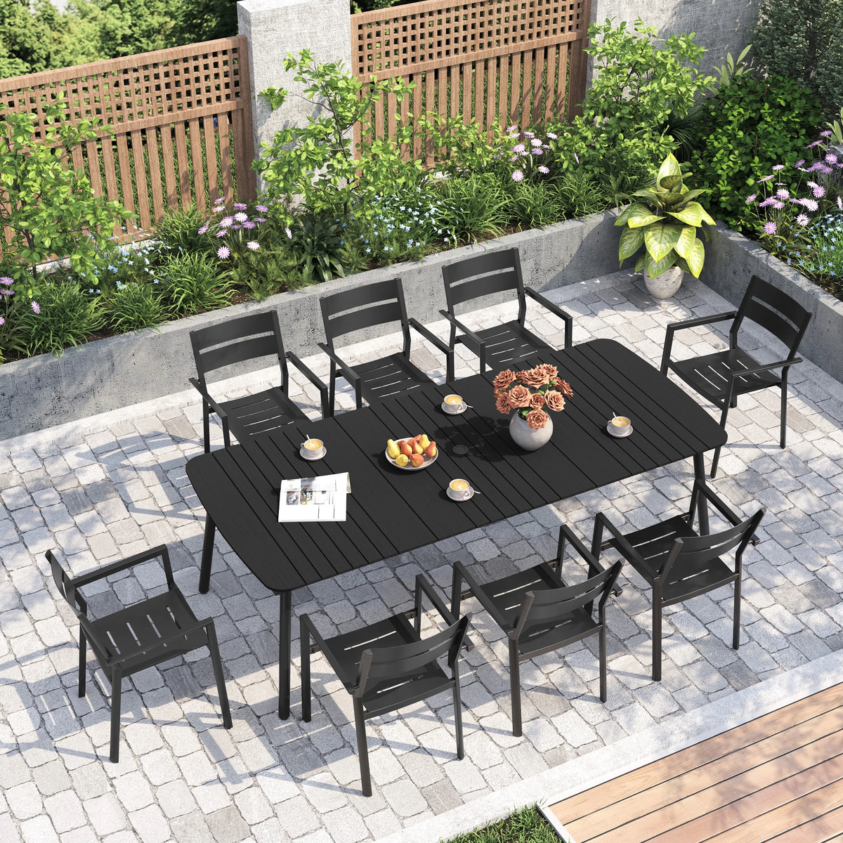 Pellebant 93 Outdoor Dining Table for 8 - 10 People, Patio Rectangle Table with Wood - Like Tabletop and Umbrella Hole, Aluminum Frame for Garden, Lawn, or Backyard, Brown