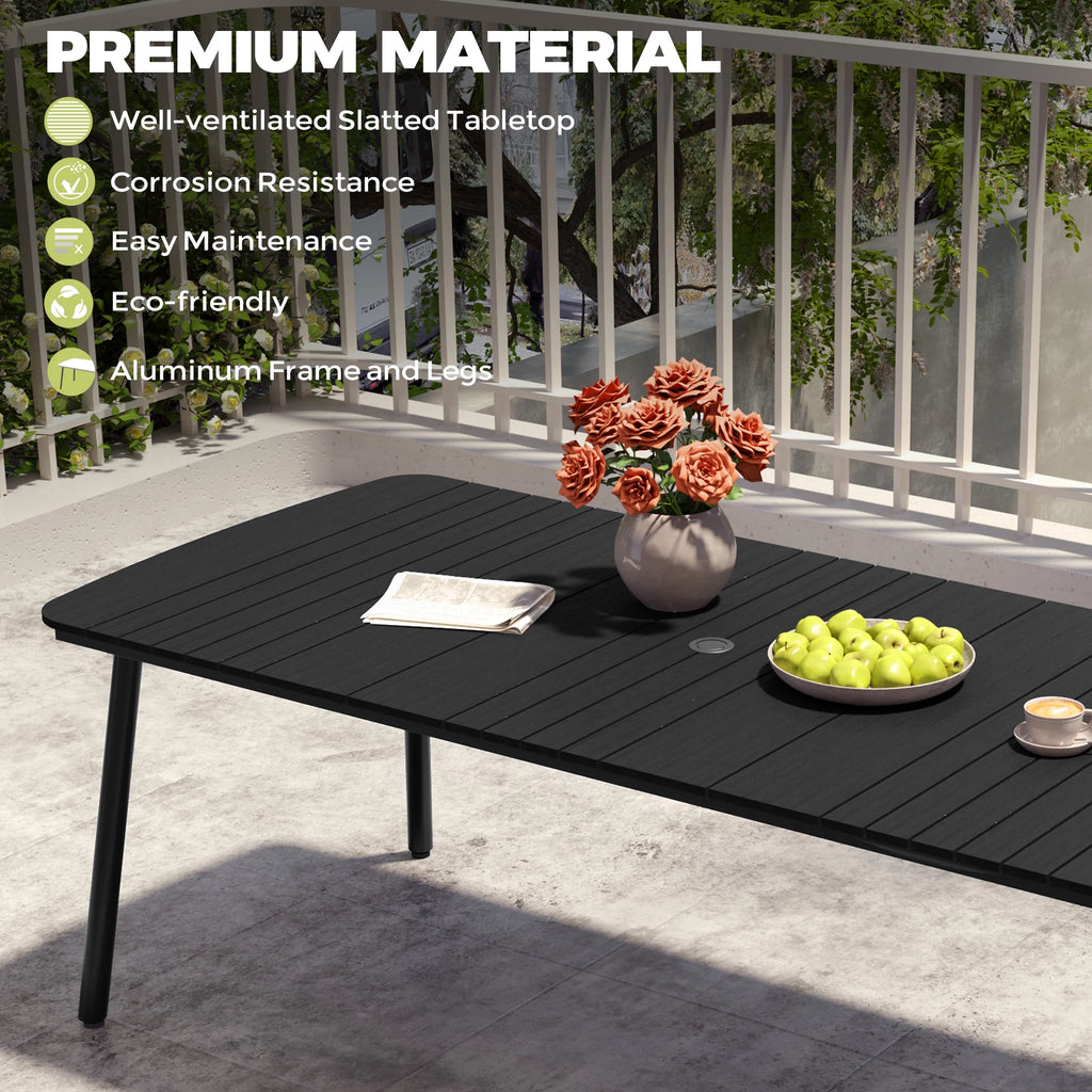 Pellebant 93 Outdoor Dining Table for 8 - 10 People, Patio Rectangle Table with Wood - Like Tabletop and Umbrella Hole, Aluminum Frame for Garden, Lawn, or Backyard, Brown