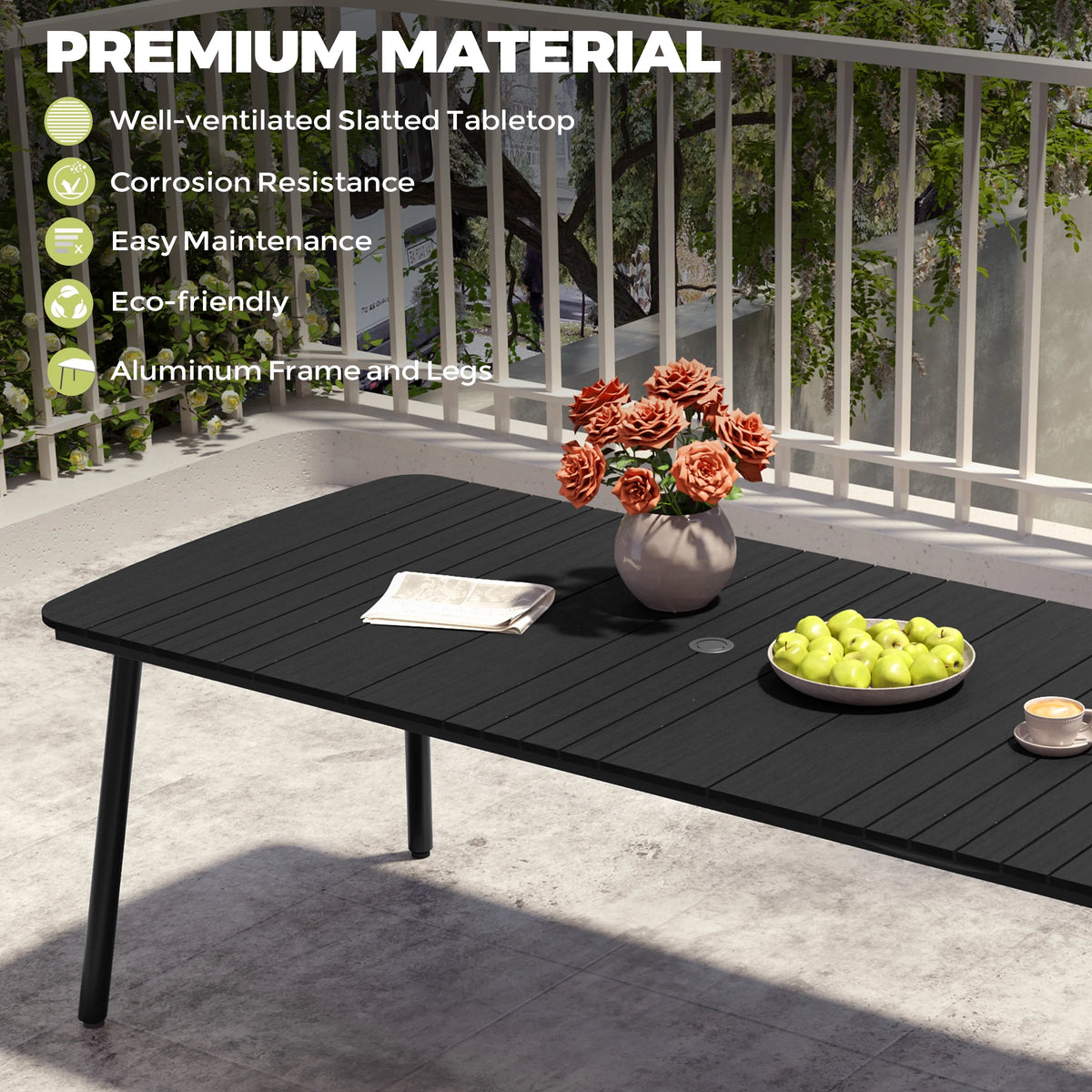 Pellebant 93 Outdoor Dining Table for 8 - 10 People, Patio Rectangle Table with Wood - Like Tabletop and Umbrella Hole, Aluminum Frame for Garden, Lawn, or Backyard, Brown