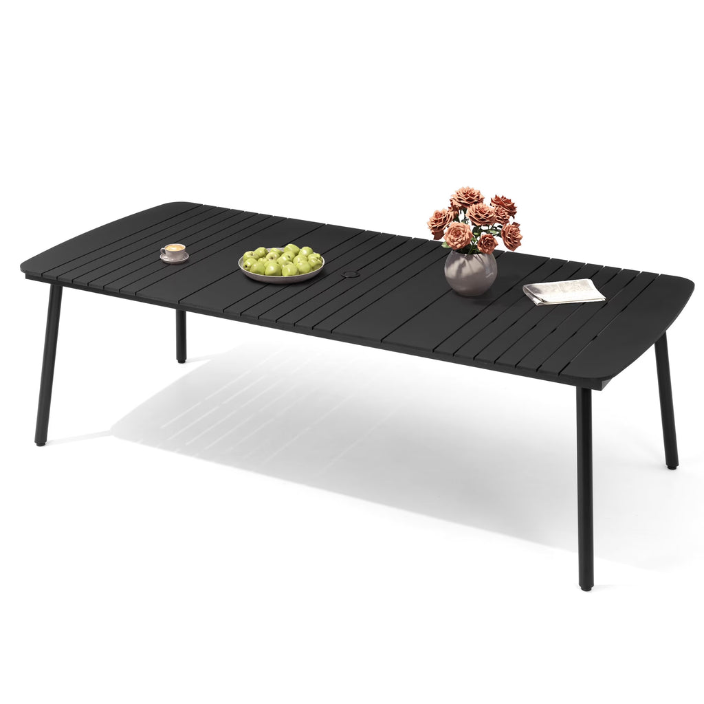 Pellebant 93 Outdoor Dining Table for 8 - 10 People, Patio Rectangle Table with Wood - Like Tabletop and Umbrella Hole, Aluminum Frame for Garden, Lawn, or Backyard, Brown