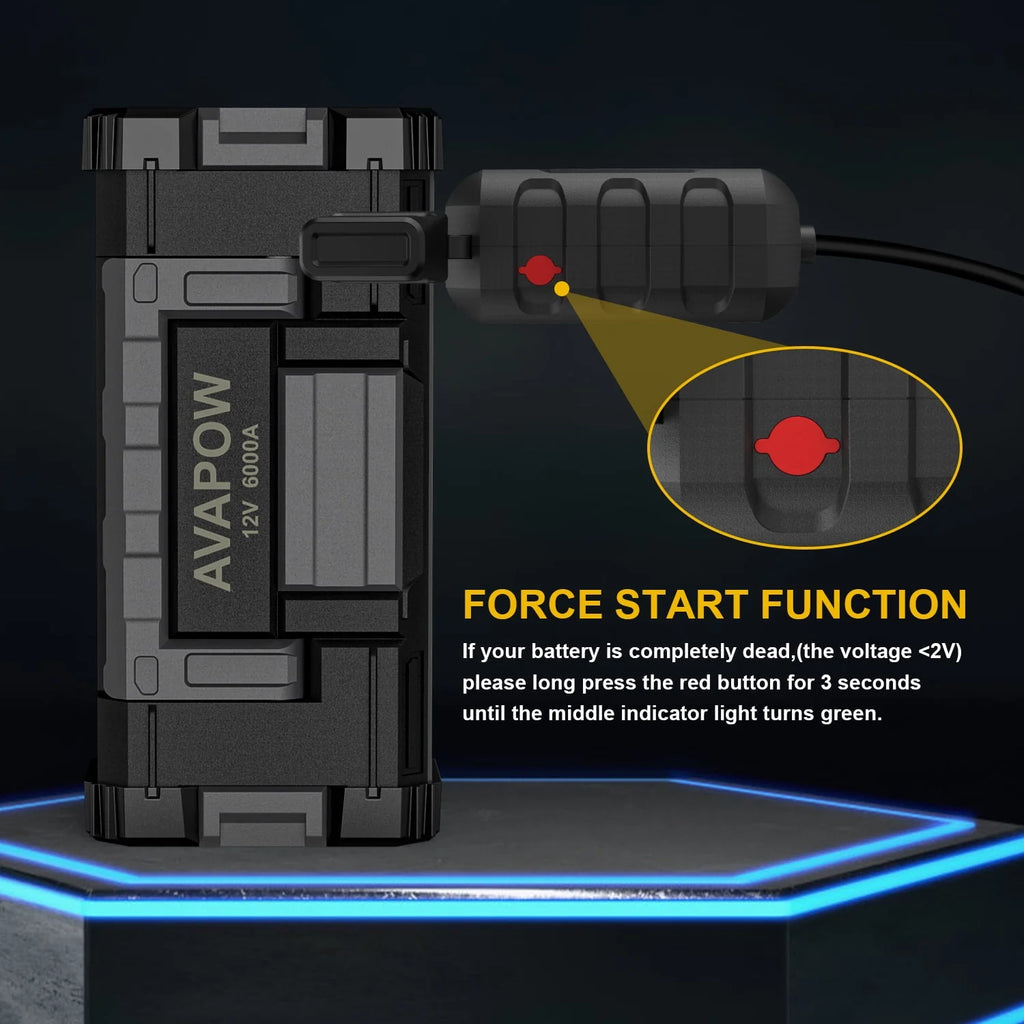 AVAPOW 6000A Car Battery Jump Starter(for All Gas or Upto 12 L Diesel) Powerful Car Jump Starter with Dual USB Quick Charge and DC Output, 12V Jump Pack with Built - in LED Bright Light