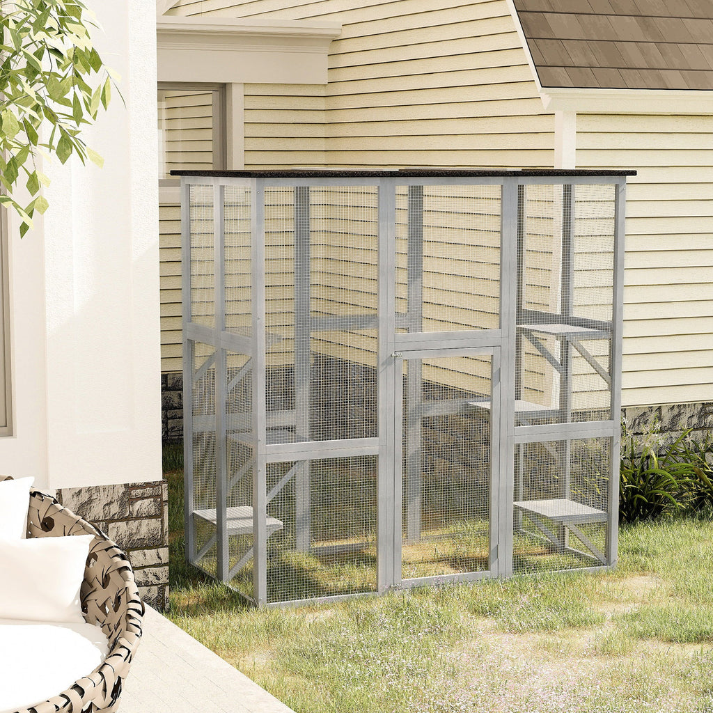 Pawhut Wooden Catio Enclosure with Weather Protection, 6 Platforms, Outdoor, Large, 71 x 38.5 x 71
