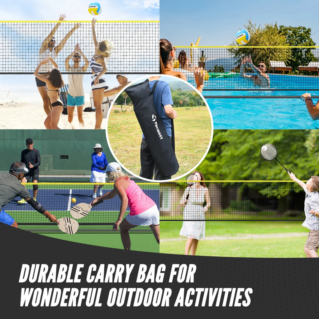 Patiassy 5.1ft - 7.4ft Adjustable Height Volleyball Badminton Pickleball Net Set with Poles, 4 Rackets, 3 Shuttlecocks, 4 Pickleball Paddles, and Volleyball