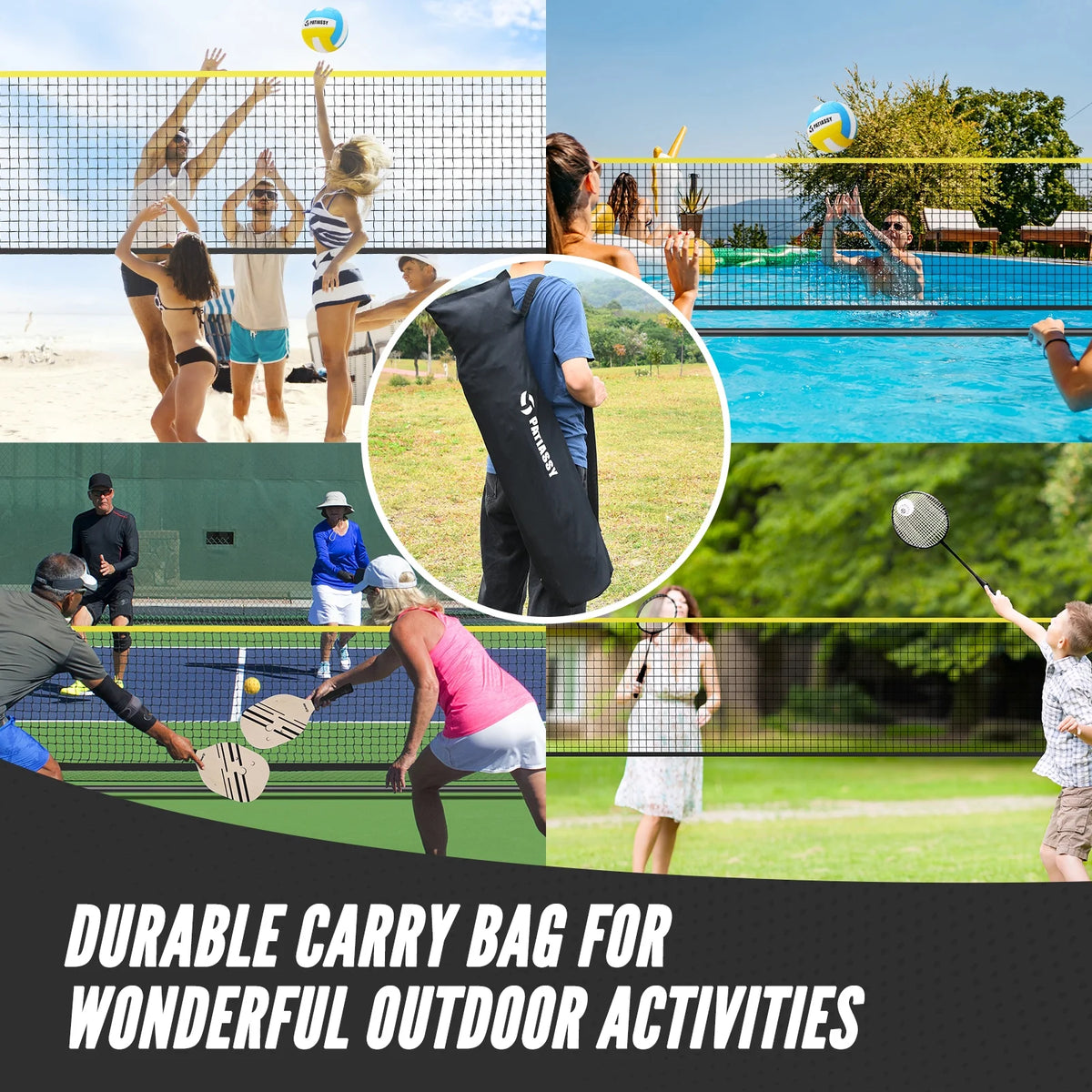 Patiassy 5.1ft - 7.4ft Adjustable Height Volleyball Badminton Pickleball Net Set with Poles, 4 Rackets, 3 Shuttlecocks, 4 Pickleball Paddles, and Volleyball