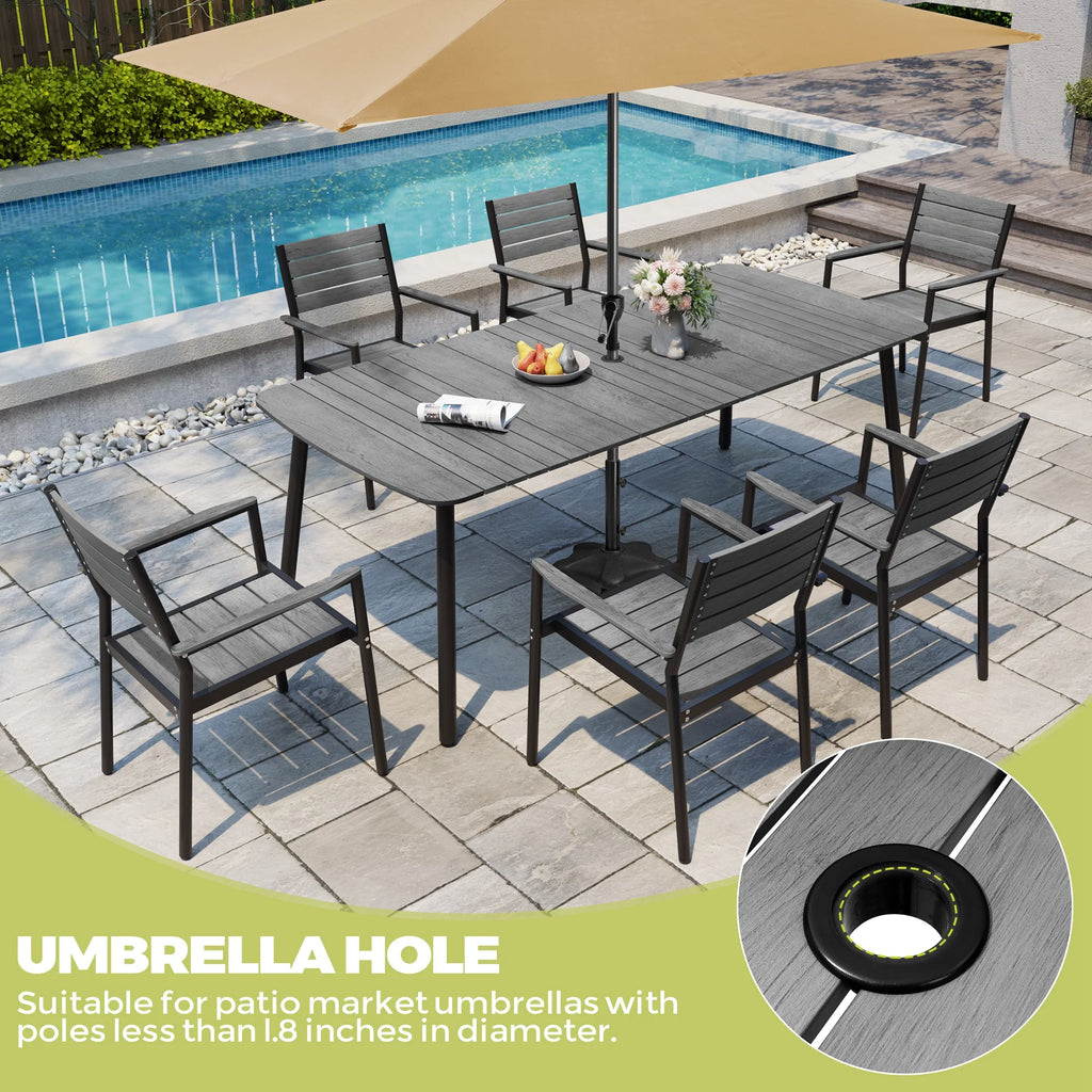 Pellebant 93 Outdoor Dining Table for 8 - 10 People, Patio Rectangle Table with Wood - Like Tabletop and Umbrella Hole, Aluminum Frame for Garden, Lawn, or Backyard, Brown