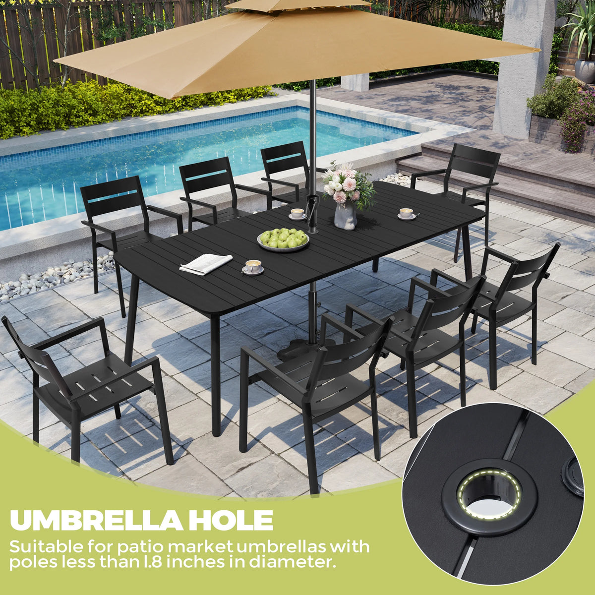 Pellebant 93 Outdoor Dining Table for 8 - 10 People, Patio Rectangle Table with Wood - Like Tabletop and Umbrella Hole, Aluminum Frame for Garden, Lawn, or Backyard, Brown