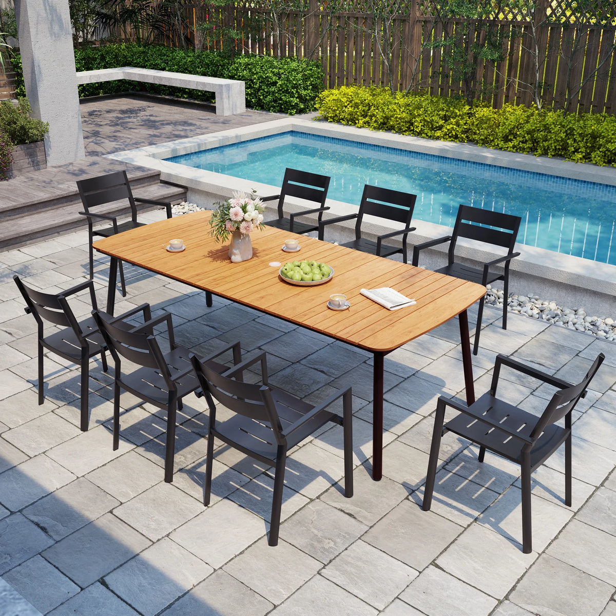 Pellebant 93 Outdoor Dining Table for 8 - 10 People, Patio Rectangle Table with Wood - Like Tabletop and Umbrella Hole, Aluminum Frame for Garden, Lawn, or Backyard, Brown