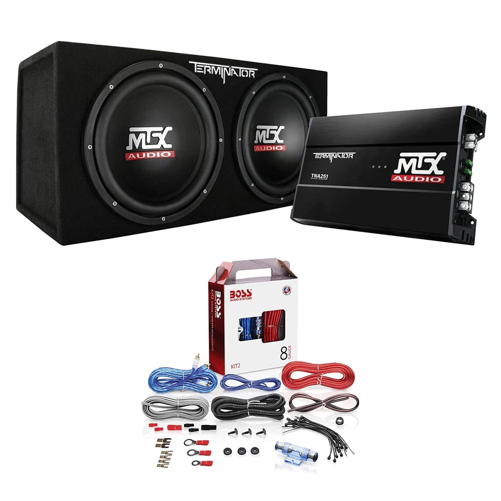 MTX 12 in Dual Car Subwoofer Audio, Sub Box, & Amplifier Bundle W/ Wiring Kit