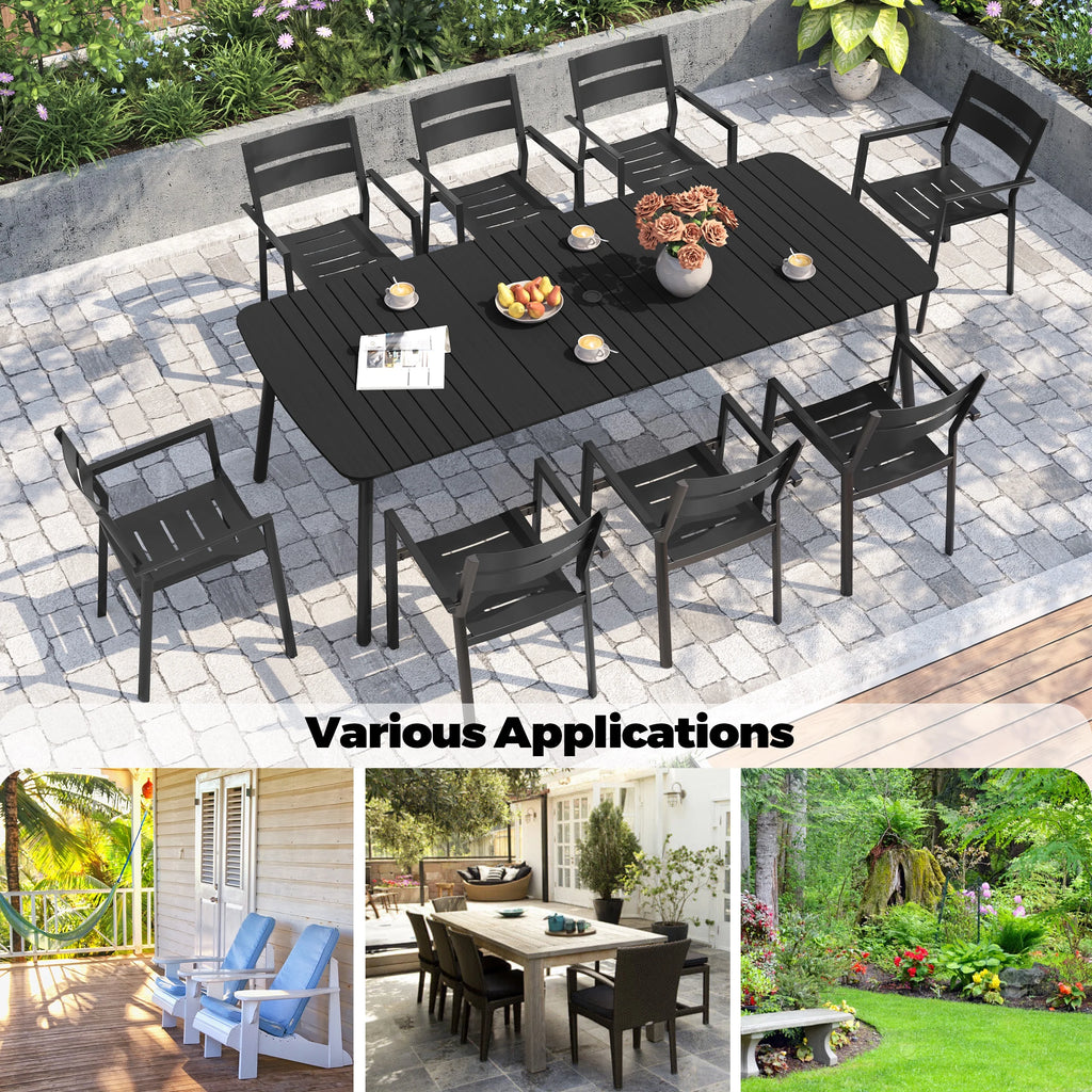 Pellebant 93 Outdoor Dining Table for 8 - 10 People, Patio Rectangle Table with Wood - Like Tabletop and Umbrella Hole, Aluminum Frame for Garden, Lawn, or Backyard, Brown