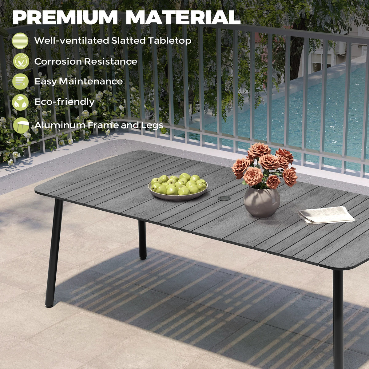 Pellebant 93 Outdoor Dining Table for 8 - 10 People, Patio Rectangle Table with Wood - Like Tabletop and Umbrella Hole, Aluminum Frame for Garden, Lawn, or Backyard, Brown
