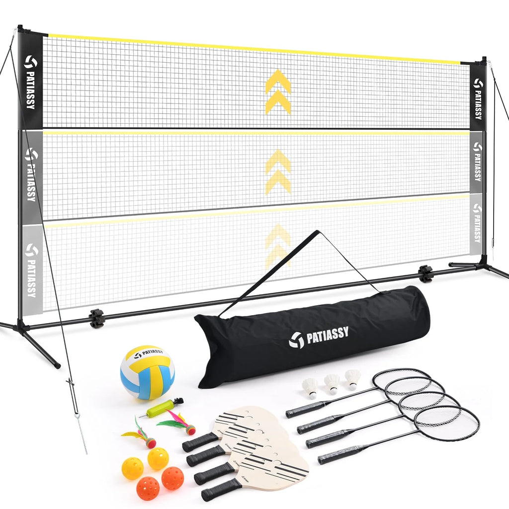 Patiassy 5.1ft - 7.4ft Adjustable Height Volleyball Badminton Pickleball Net Set with Poles, 4 Rackets, 3 Shuttlecocks, 4 Pickleball Paddles, and Volleyball