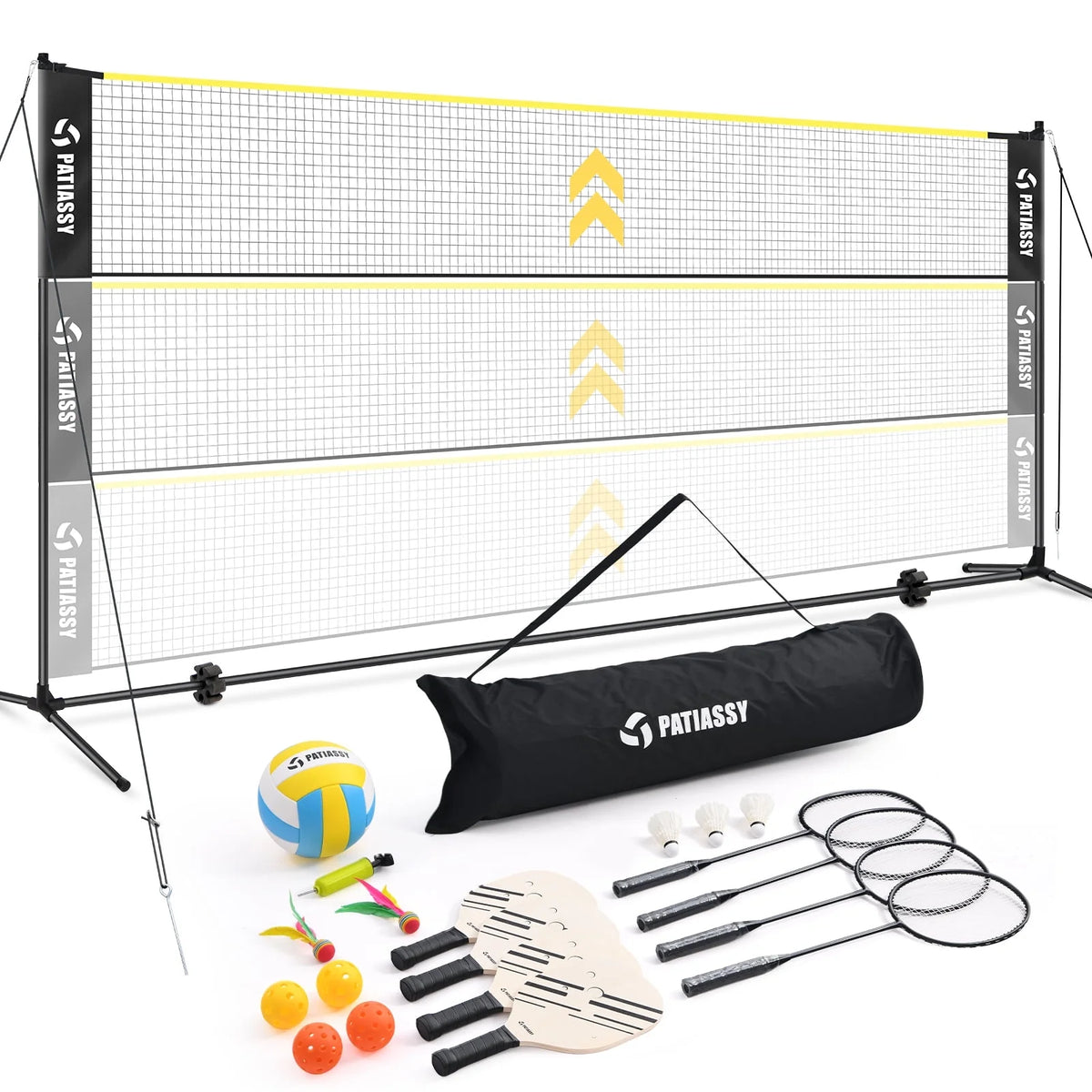 Patiassy 5.1ft - 7.4ft Adjustable Height Volleyball Badminton Pickleball Net Set with Poles, 4 Rackets, 3 Shuttlecocks, 4 Pickleball Paddles, and Volleyball