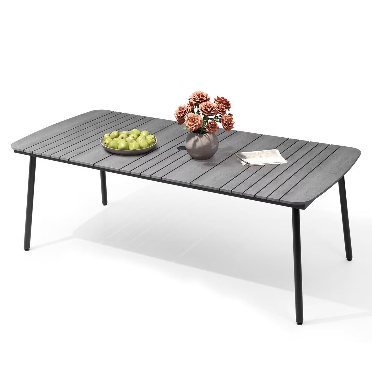 Pellebant 93 Outdoor Dining Table for 8 - 10 People, Patio Rectangle Table with Wood - Like Tabletop and Umbrella Hole, Aluminum Frame for Garden, Lawn, or Backyard, Brown