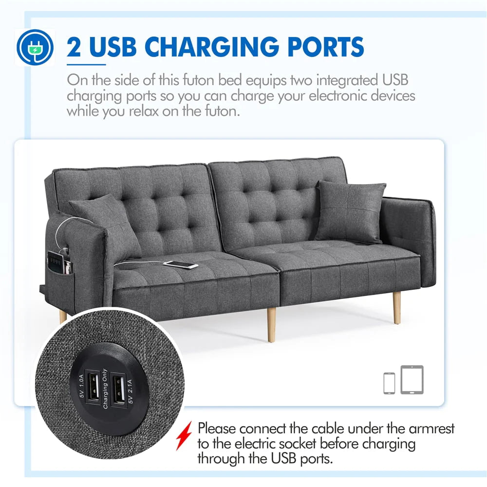 Alden Design Memory Foam Convertible Futon Sofa Bed with USB, Gray