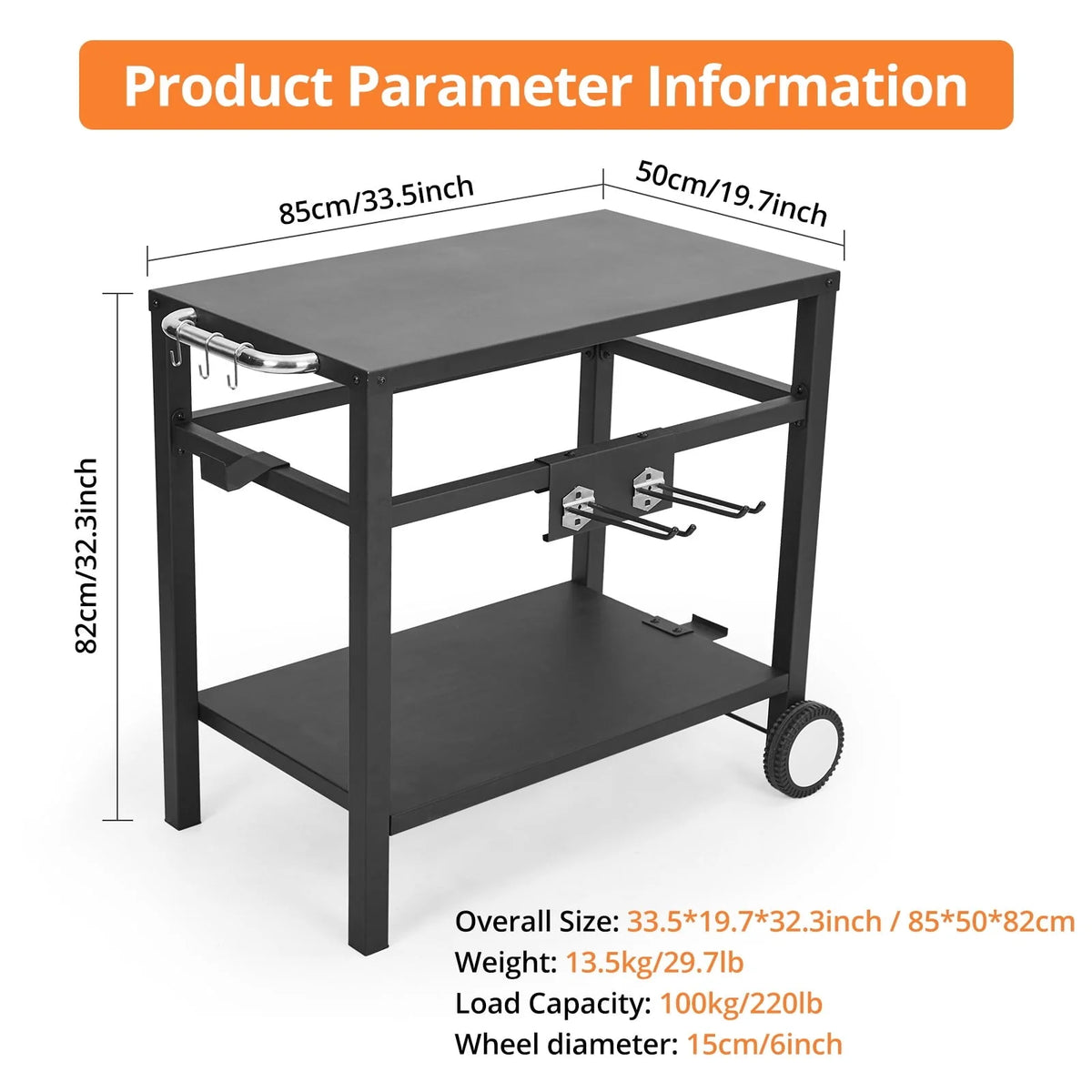 Outdoor Grill Cart Pizza Oven Stand, Double - Shelf Outdoor Movable Dining Cart Table Outdoor with Wheels & Hooks, Side Handle, Stainless Steel Kitchen Work Table Cart for Bar, Patio, Camping(Black)