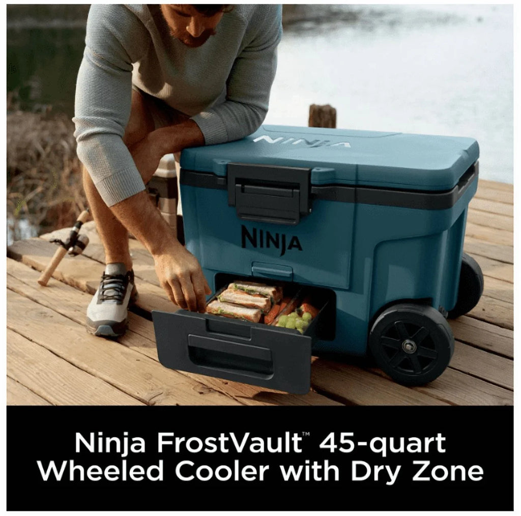 Ninja | Cooler | Frostvault 45QT Cooler with Wheels | Insulated with Temp Dry Storage Drawer | Keeps Ice Cold for Days | for the Beach, Camping, Picnics & More | Ocean Blue | FB245AOB