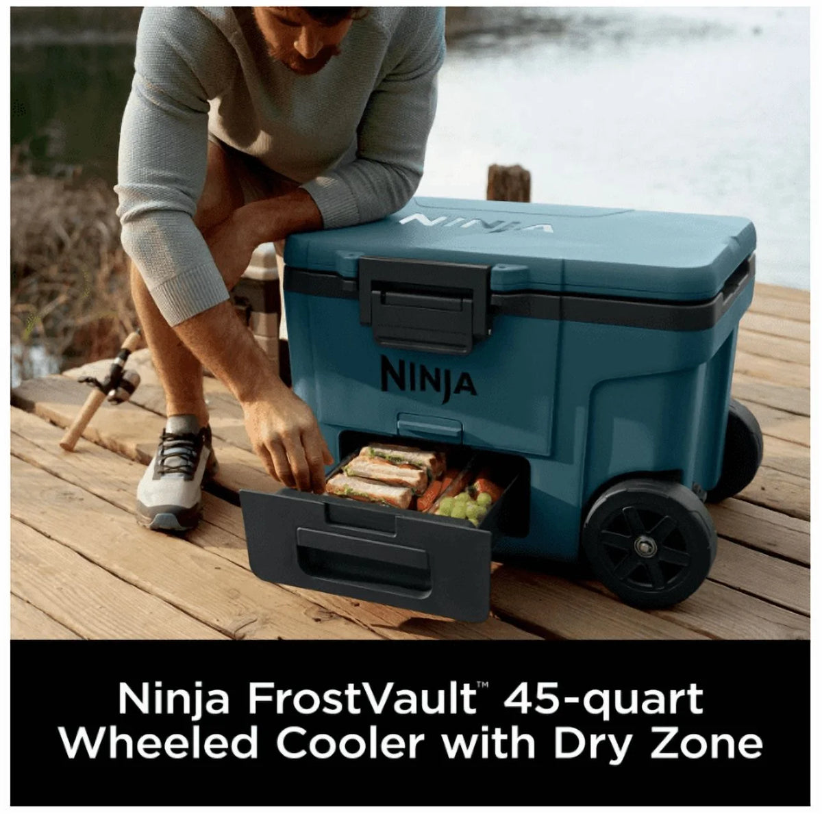 Ninja | Cooler | Frostvault 45QT Cooler with Wheels | Insulated with Temp Dry Storage Drawer | Keeps Ice Cold for Days | for the Beach, Camping, Picnics & More | Ocean Blue | FB245AOB