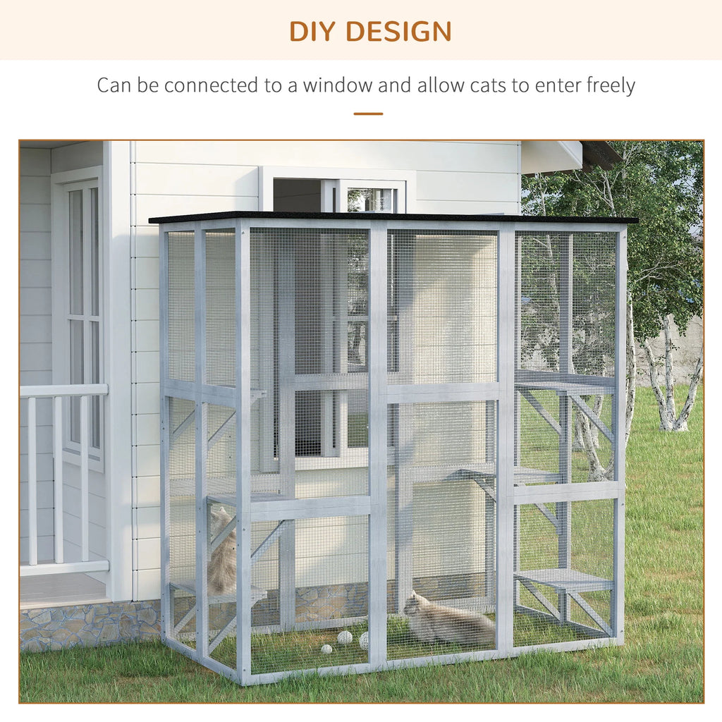 Pawhut Wooden Catio Enclosure with Weather Protection, 6 Platforms, Outdoor, Large, 71 x 38.5 x 71