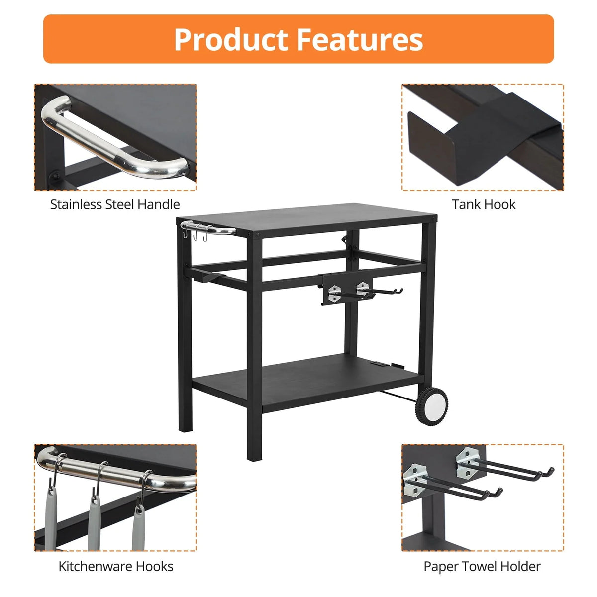 Outdoor Grill Cart Pizza Oven Stand, Double - Shelf Outdoor Movable Dining Cart Table Outdoor with Wheels & Hooks, Side Handle, Stainless Steel Kitchen Work Table Cart for Bar, Patio, Camping(Black)