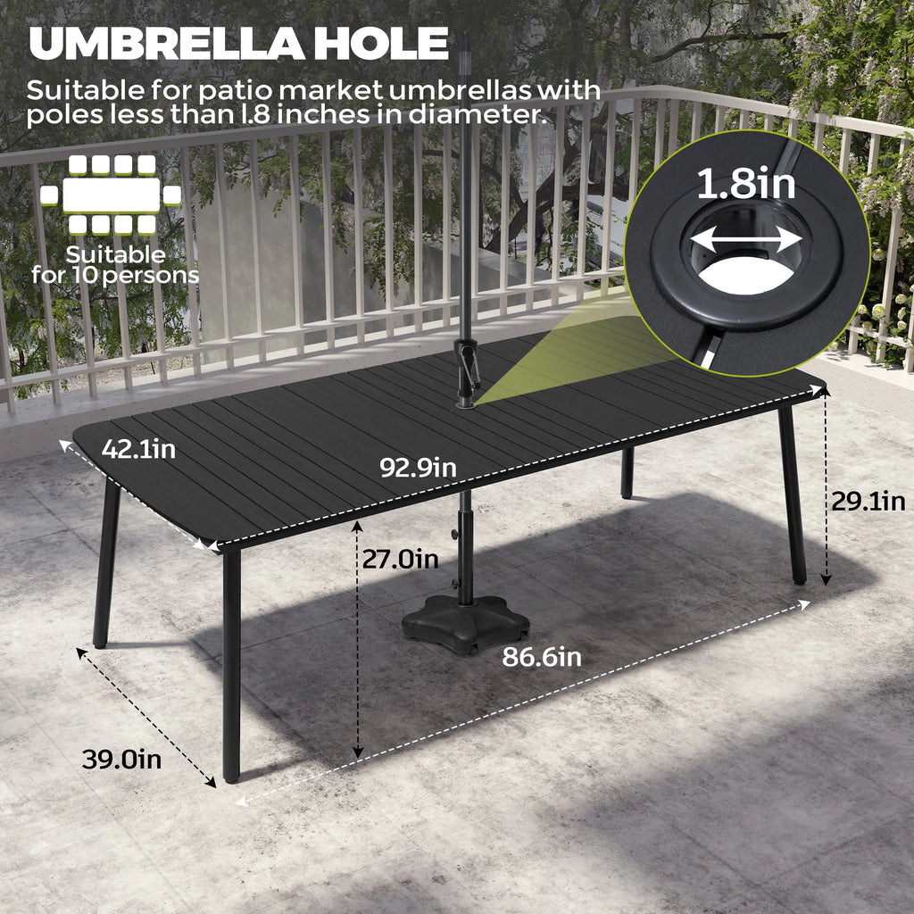 Pellebant 93 Outdoor Dining Table for 8 - 10 People, Patio Rectangle Table with Wood - Like Tabletop and Umbrella Hole, Aluminum Frame for Garden, Lawn, or Backyard, Brown