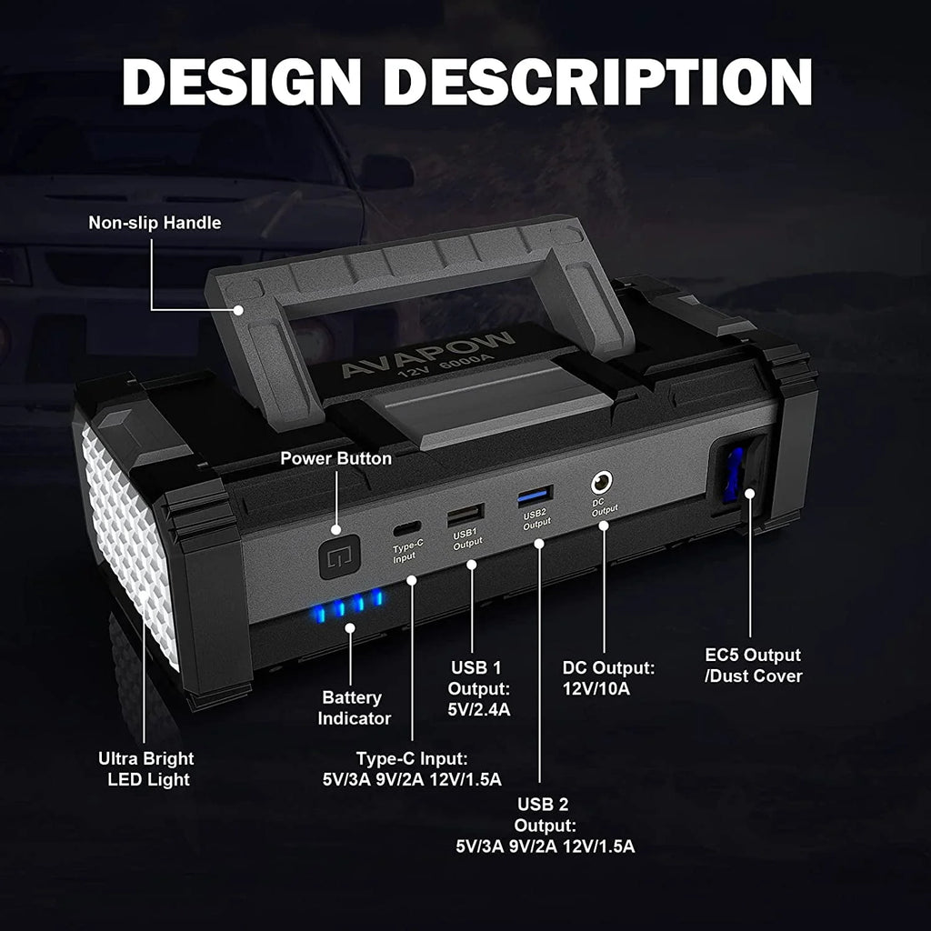 AVAPOW 6000A Car Battery Jump Starter(for All Gas or Upto 12 L Diesel) Powerful Car Jump Starter with Dual USB Quick Charge and DC Output, 12V Jump Pack with Built - in LED Bright Light