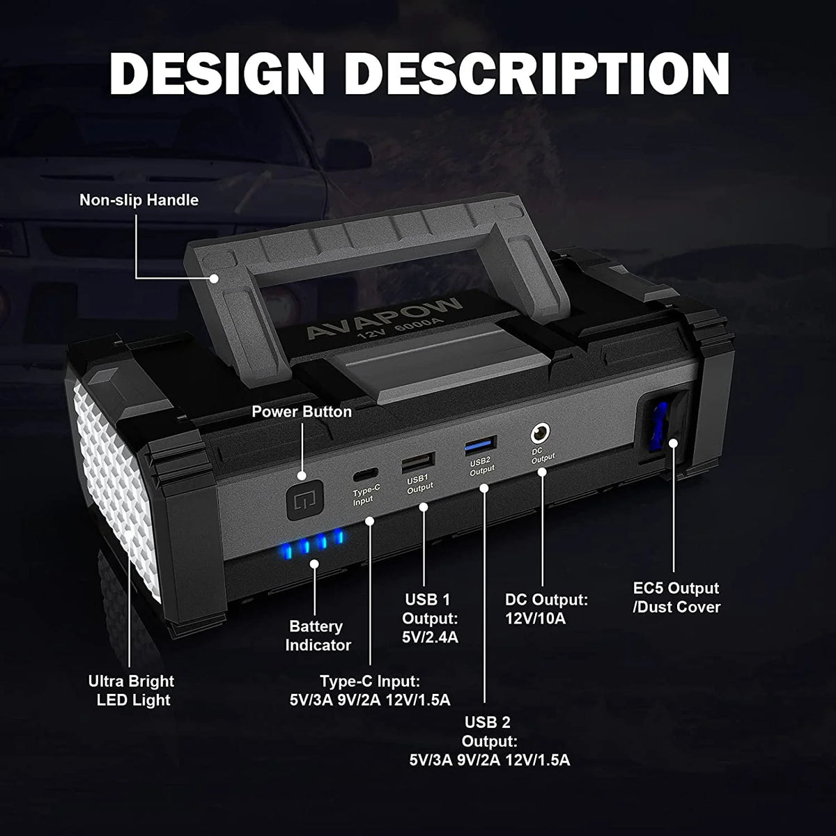 AVAPOW 6000A Car Battery Jump Starter(for All Gas or Upto 12 L Diesel) Powerful Car Jump Starter with Dual USB Quick Charge and DC Output, 12V Jump Pack with Built - in LED Bright Light
