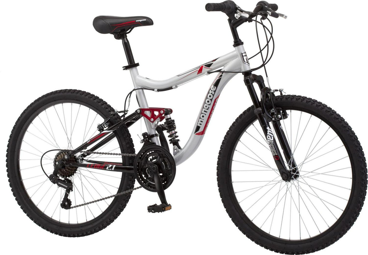 Mongoose Ledge 2.1 Mountain Bike. 24 - Inch Wheels. 21 Speeds. Boys Frame. Silver/Red