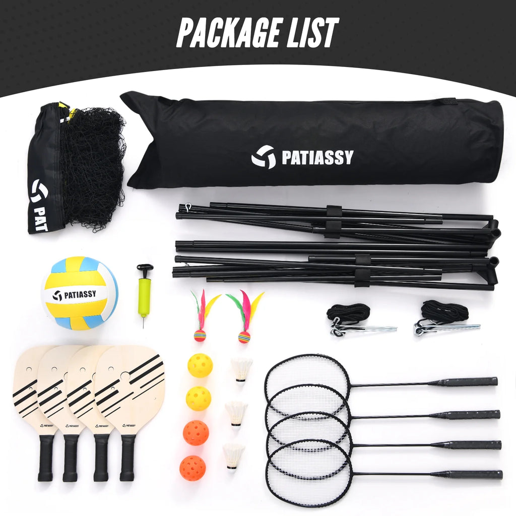 Patiassy 5.1ft - 7.4ft Adjustable Height Volleyball Badminton Pickleball Net Set with Poles, 4 Rackets, 3 Shuttlecocks, 4 Pickleball Paddles, and Volleyball