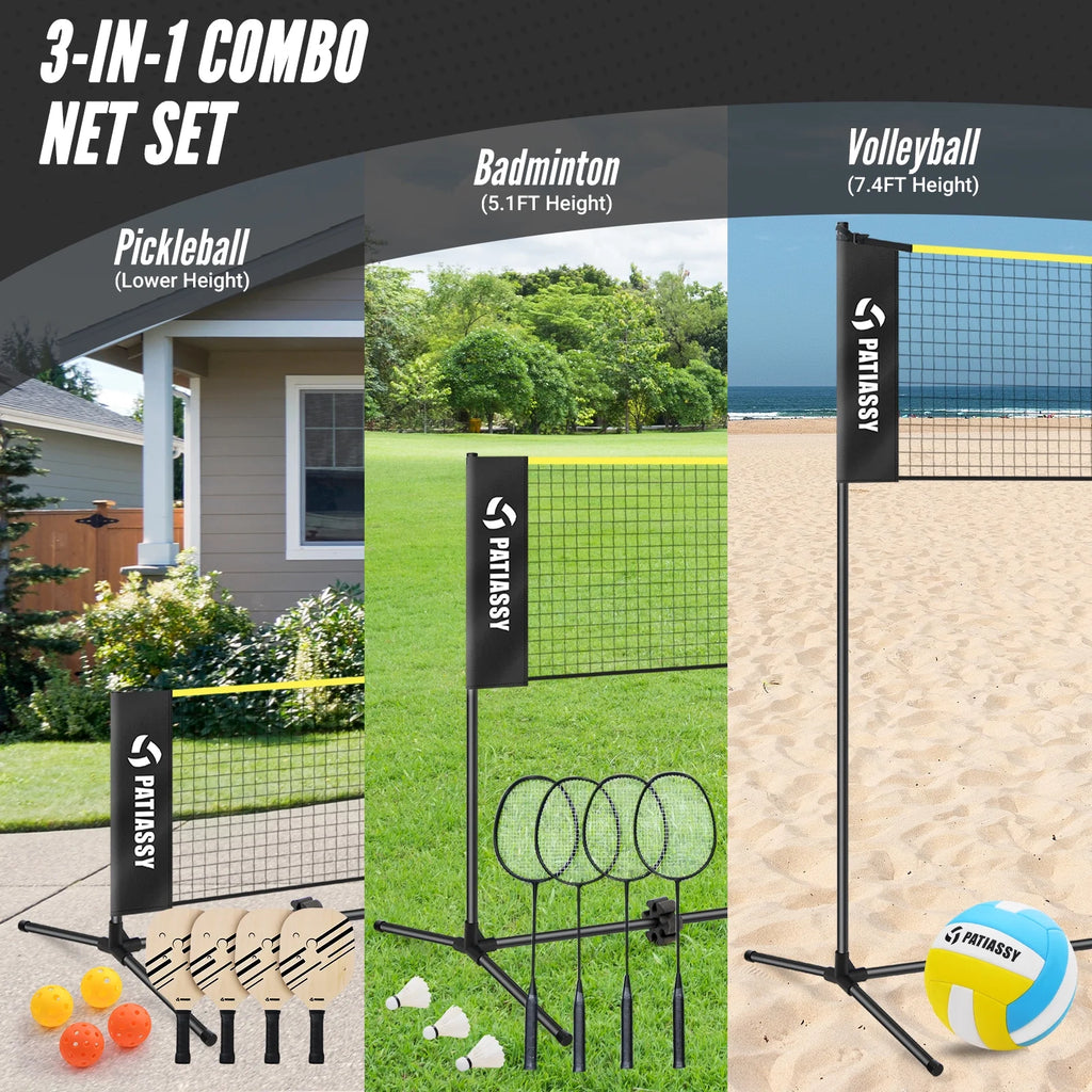 Patiassy 5.1ft - 7.4ft Adjustable Height Volleyball Badminton Pickleball Net Set with Poles, 4 Rackets, 3 Shuttlecocks, 4 Pickleball Paddles, and Volleyball