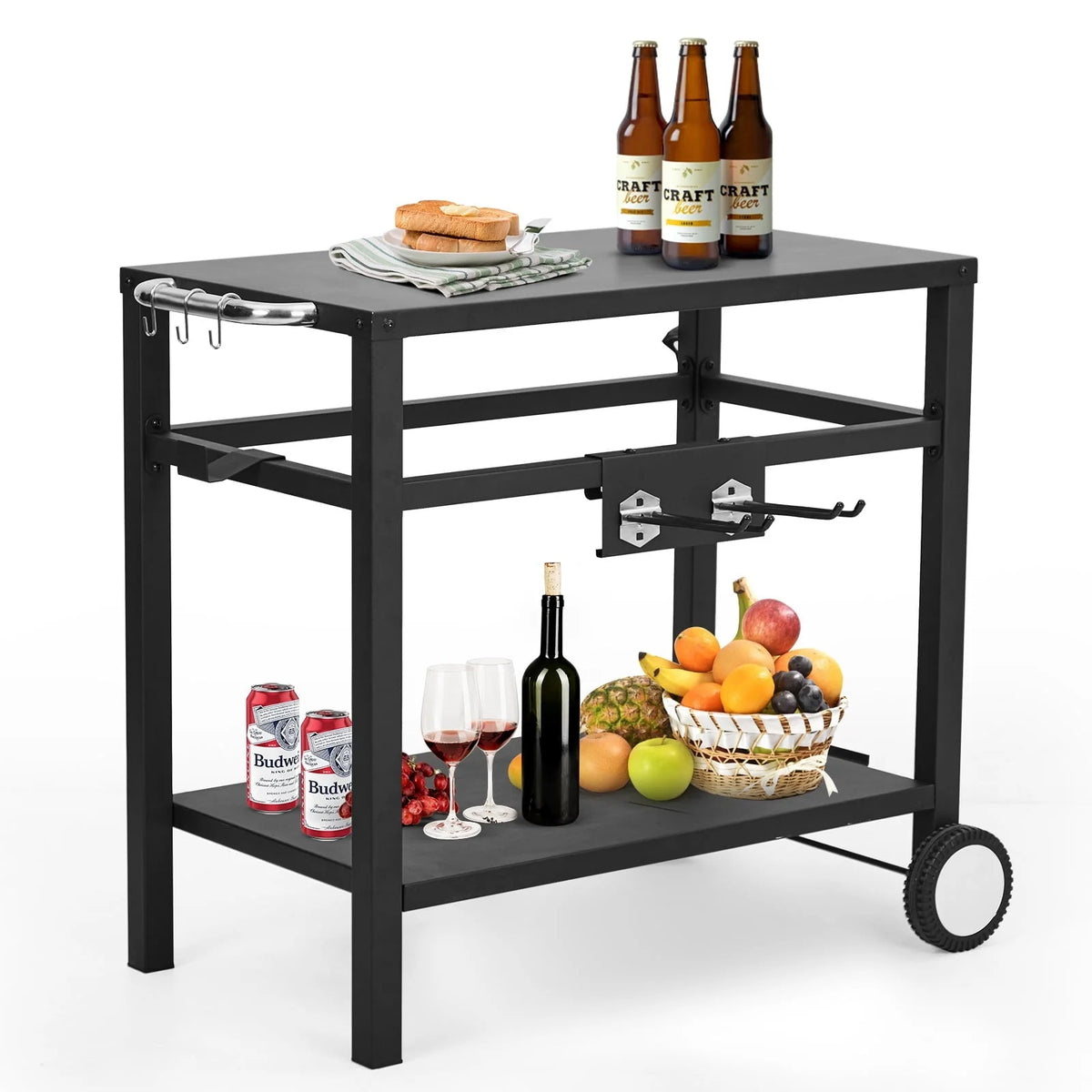Outdoor Grill Cart Pizza Oven Stand, Double - Shelf Outdoor Movable Dining Cart Table Outdoor with Wheels & Hooks, Side Handle, Stainless Steel Kitchen Work Table Cart for Bar, Patio, Camping(Black)