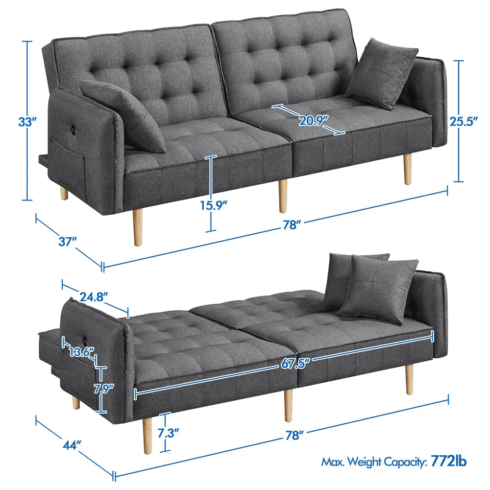 Alden Design Memory Foam Convertible Futon Sofa Bed with USB, Gray