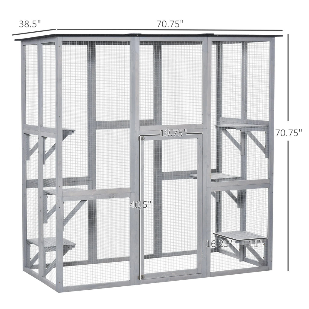 Pawhut Wooden Catio Enclosure with Weather Protection, 6 Platforms, Outdoor, Large, 71 x 38.5 x 71