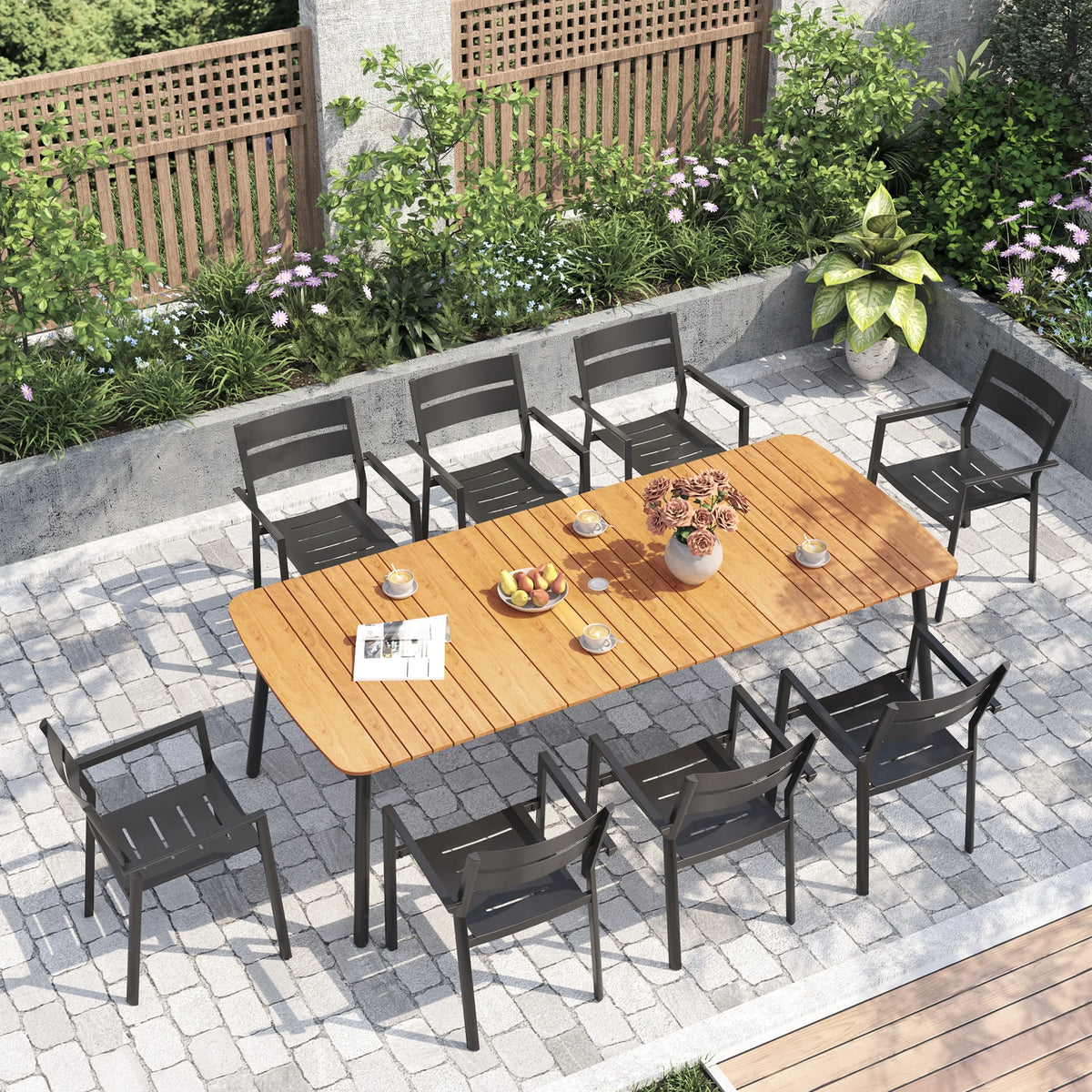 Pellebant 93 Outdoor Dining Table for 8 - 10 People, Patio Rectangle Table with Wood - Like Tabletop and Umbrella Hole, Aluminum Frame for Garden, Lawn, or Backyard, Brown