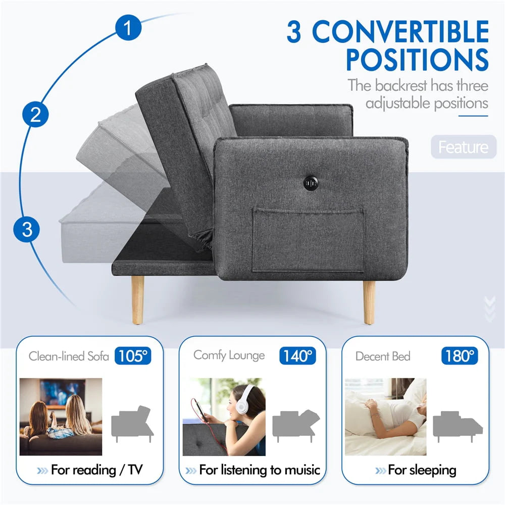 Alden Design Memory Foam Convertible Futon Sofa Bed with USB, Gray