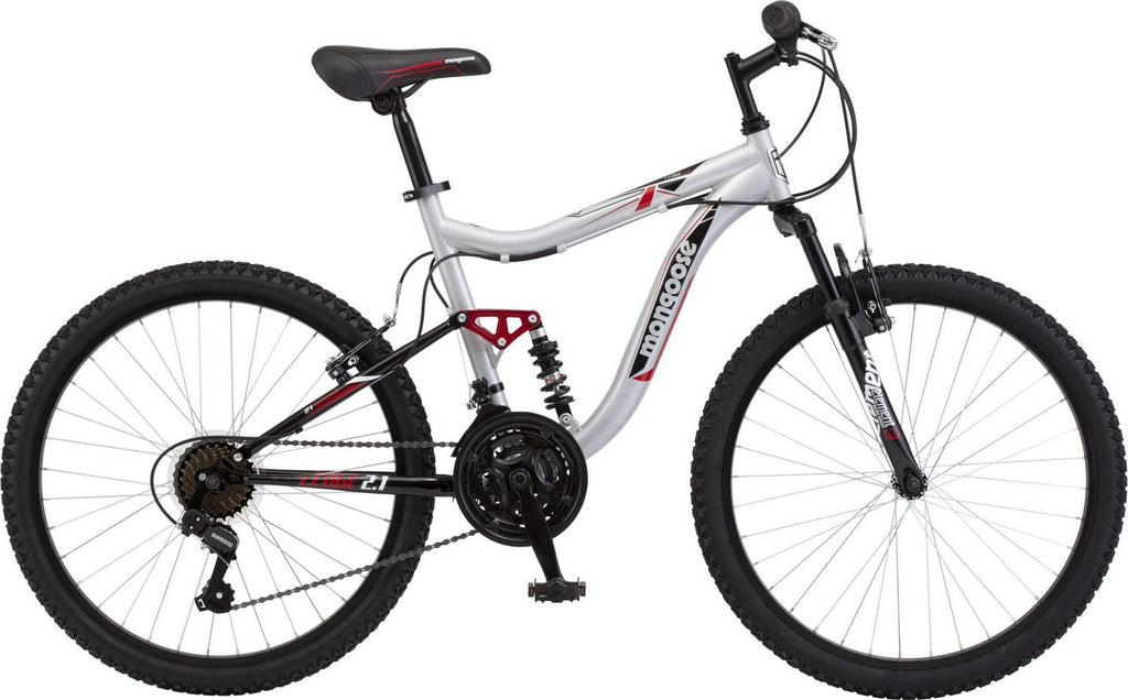 Mongoose Ledge 2.1 Mountain Bike. 24 - Inch Wheels. 21 Speeds. Boys Frame. Silver/Red