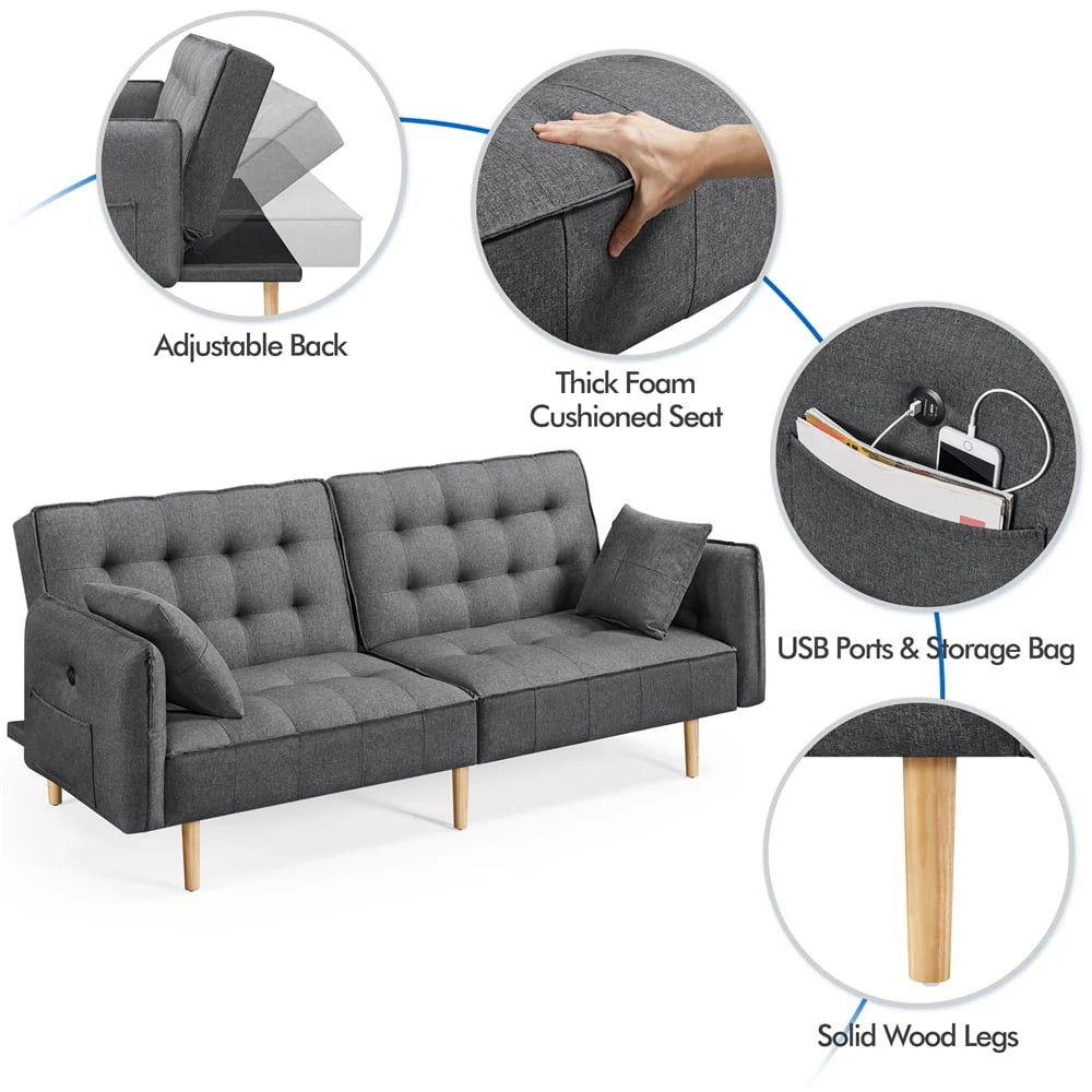 Alden Design Memory Foam Convertible Futon Sofa Bed with USB, Gray