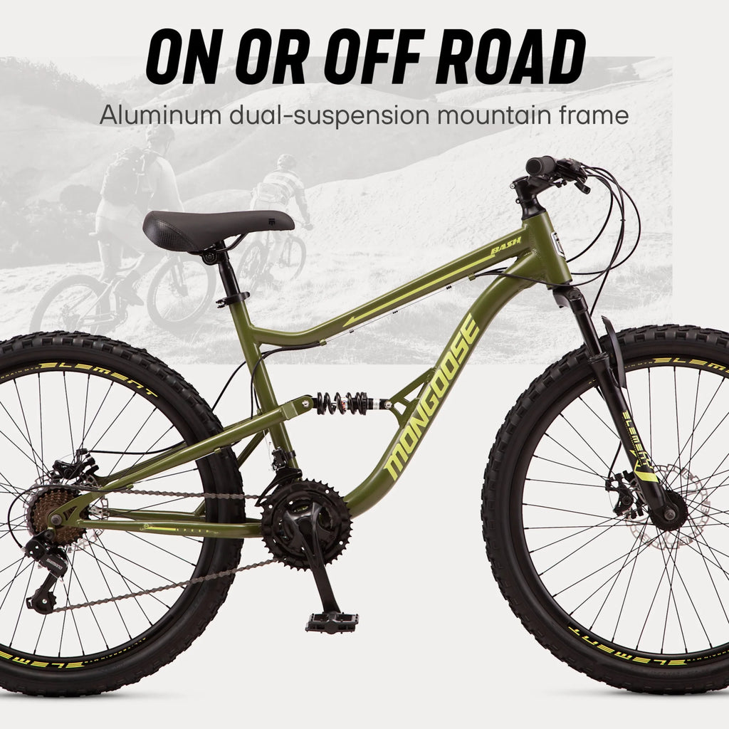 Mongoose Bash Suspension Mountain Bike, 21 Speeds, 26 - Inch Wheels, Green