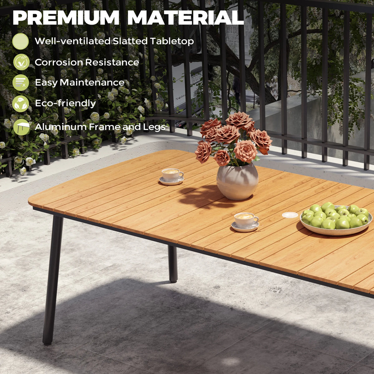 Pellebant 93 Outdoor Dining Table for 8 - 10 People, Patio Rectangle Table with Wood - Like Tabletop and Umbrella Hole, Aluminum Frame for Garden, Lawn, or Backyard, Brown