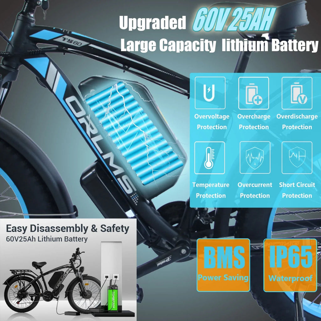 Peak 5000W - Electric - Bike for Adults - Men, Dual - Motor - Ebike 50MPH - Hunting - Ebike, 60V 25AH Long Range Dirtbike, 26 x 4.0 Fat - Tire - Electric - Bicycle, AWD 21 - Speed Mountain Bike for Off - Road Snow Sand