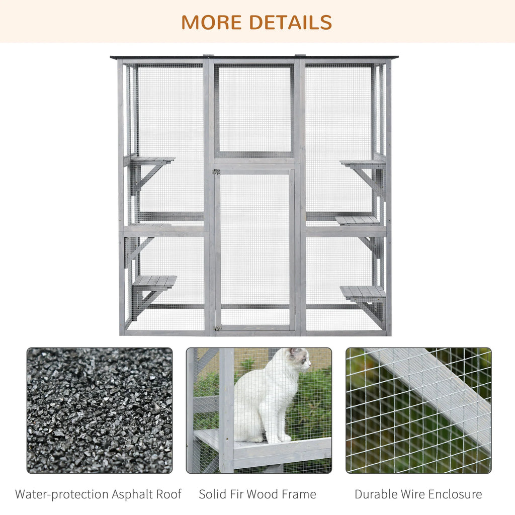 Pawhut Wooden Catio Enclosure with Weather Protection, 6 Platforms, Outdoor, Large, 71 x 38.5 x 71